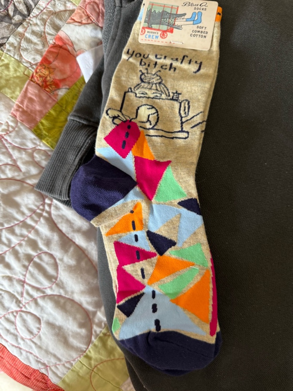 Crafty girl Crew Socks in Beige with Neon Geometric Accents